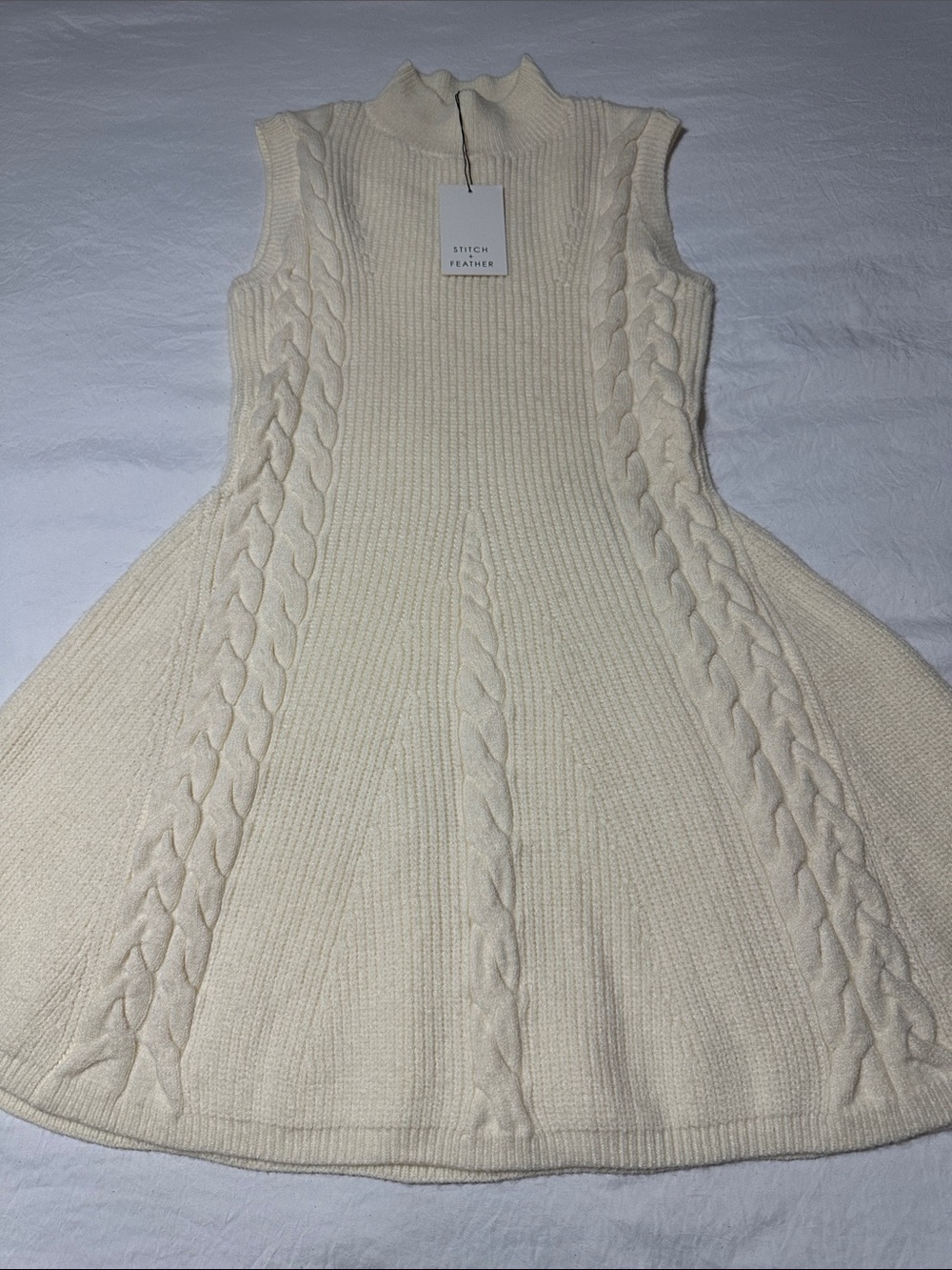 Stitch & Feather Cream Cable-Knit Sleeveless Mini Dress